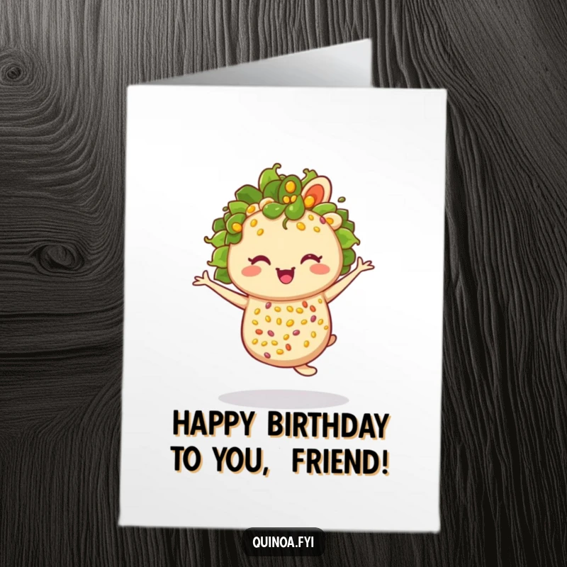Funny Free Printable Birthday Card: A joyful, winking quinoa salad twirls happily, celebrating your birthday with flair.
