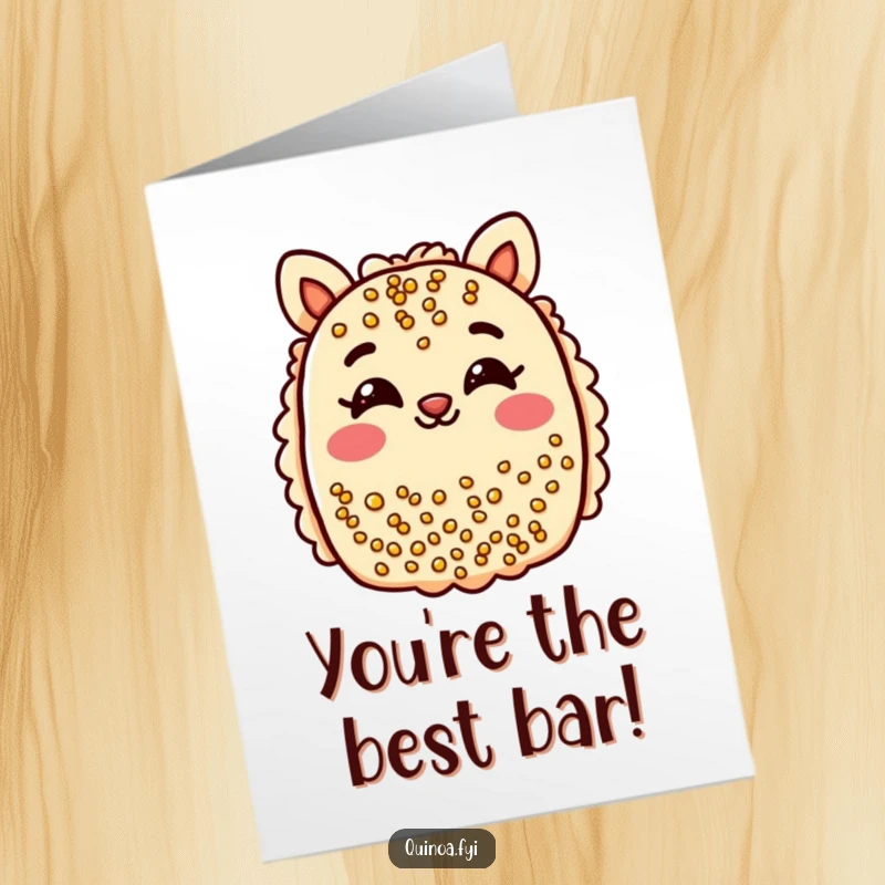 Funny Free Printable Birthday Card: A cheerful quinoa bar winking with happy eyes, a charming downloadable gift.