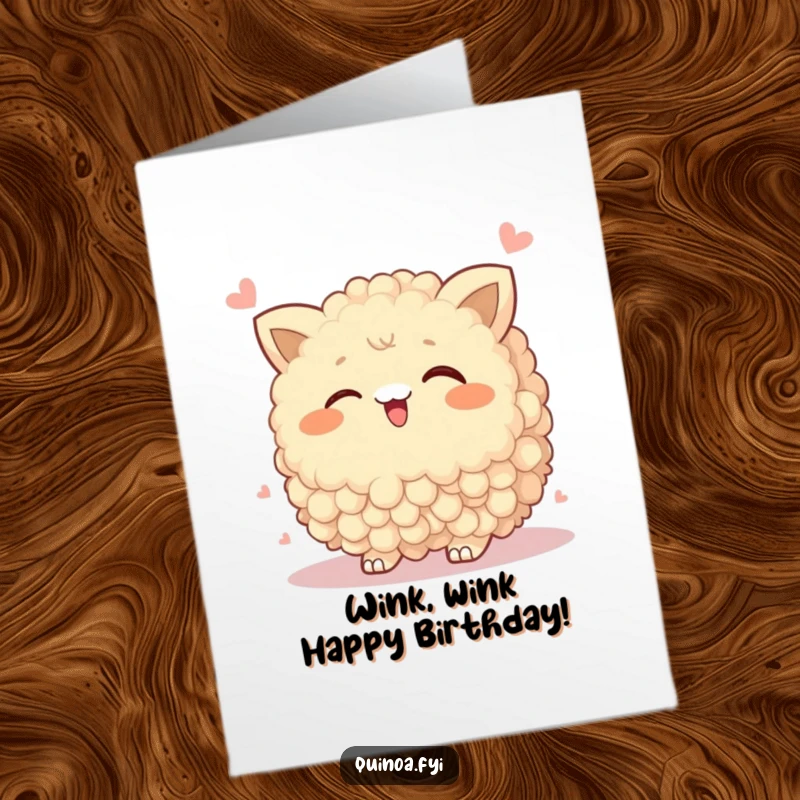 Funny Free Printable Birthday Card featuring a wobbly quinoa cluster winking playfully, sharing a secret giggle and good wishes.