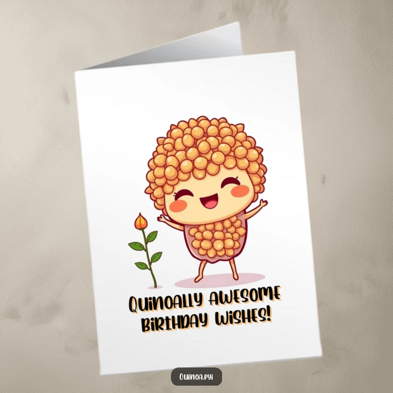 Funny Free Printable Birthday Card: Joyful quinoa character dancing wildly with a tiny sprout, spreading birthday cheer.
