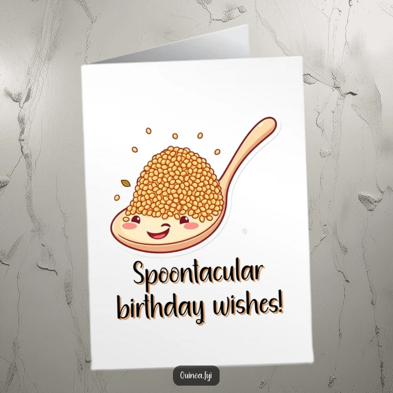 Funny Free Printable Birthday Card: Smiling quinoa grains joyriding on a colossal spoon, celebrating a special day.