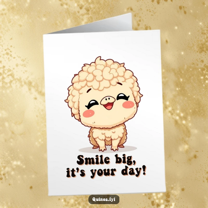 Funny Free Printable Birthday Card: Giggling quinoa creature shows off a massive, excited smile, ready for celebration.