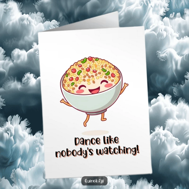 Funny Free Printable Quinoa Birthday Card: A grinning bowl of quinoa joyfully dancing with stubby noodle legs.