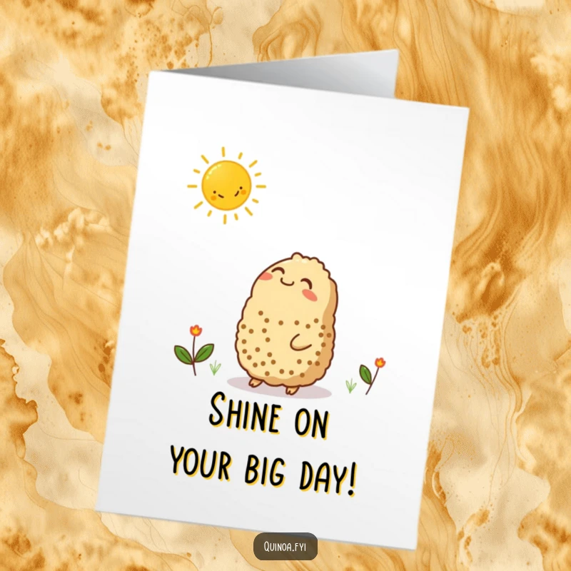 Funny Free Printable Birthday Card: Contented quinoa character gazes happily at a smiling sun, radiating warmth.