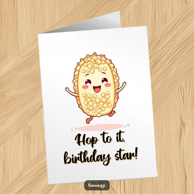 Funny Free Printable Birthday Card: A happy quinoa grain character doing a joyful little hop, spreading cheer.