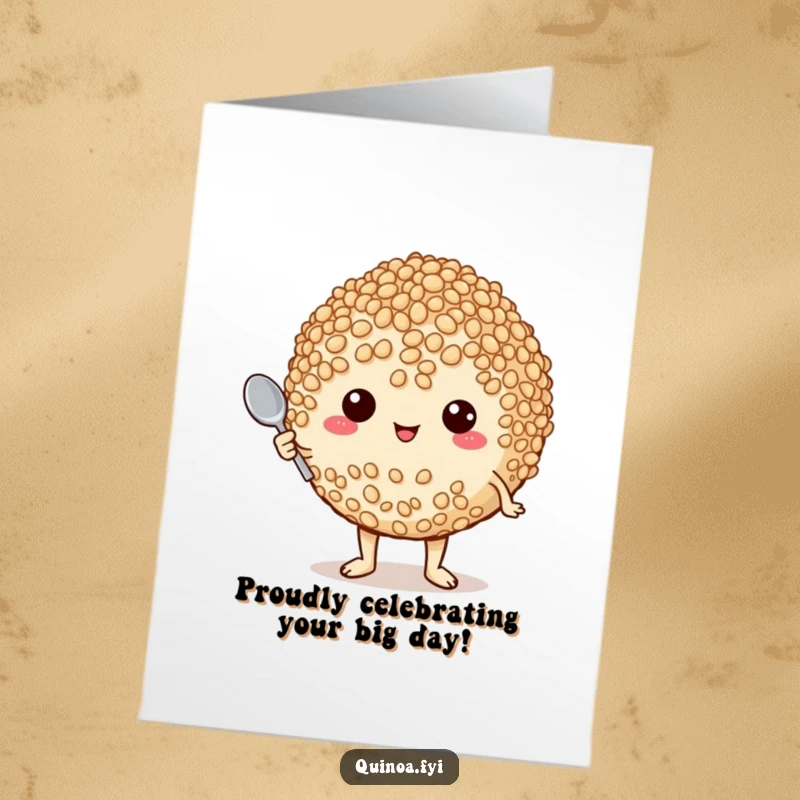 Funny free printable birthday card of a plump, proud quinoa character holding a tiny spoon, ready to celebrate.