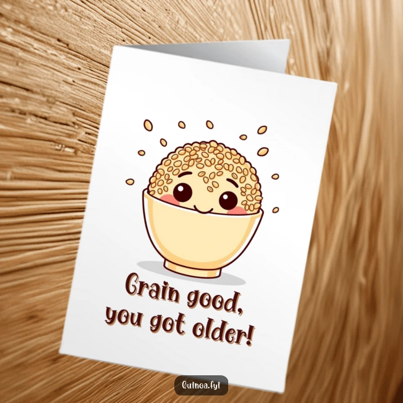 Funny Free Printable Birthday Card featuring a happy quinoa cup juggling seeds, a delightful and healthy foodie gift.