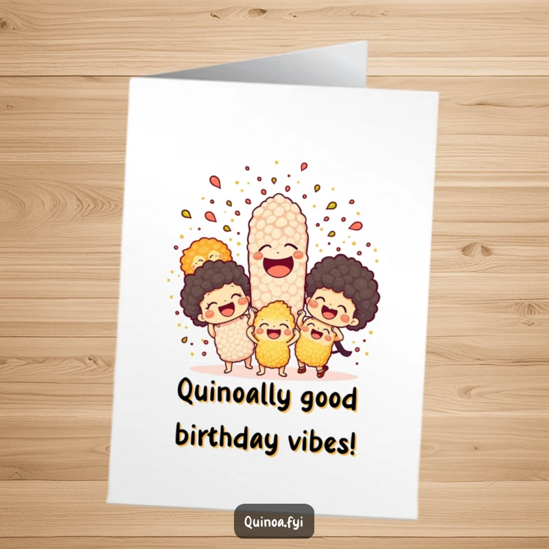 Funny free printable birthday card showing a joyful explosion of laughing quinoa characters, a whimsical celebration.