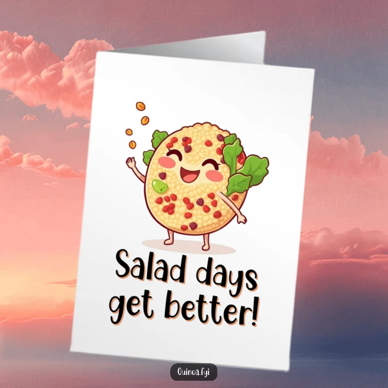 Funny free printable birthday card featuring a smiling anthropomorphic quinoa salad tossing a tiny, individual grain with a playful expression.