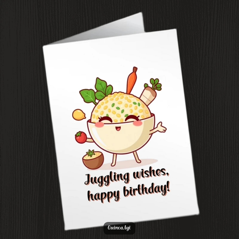 Funny free printable birthday card of a winking bowl of quinoa character expertly juggling cooking ingredients, celebrating with flair.