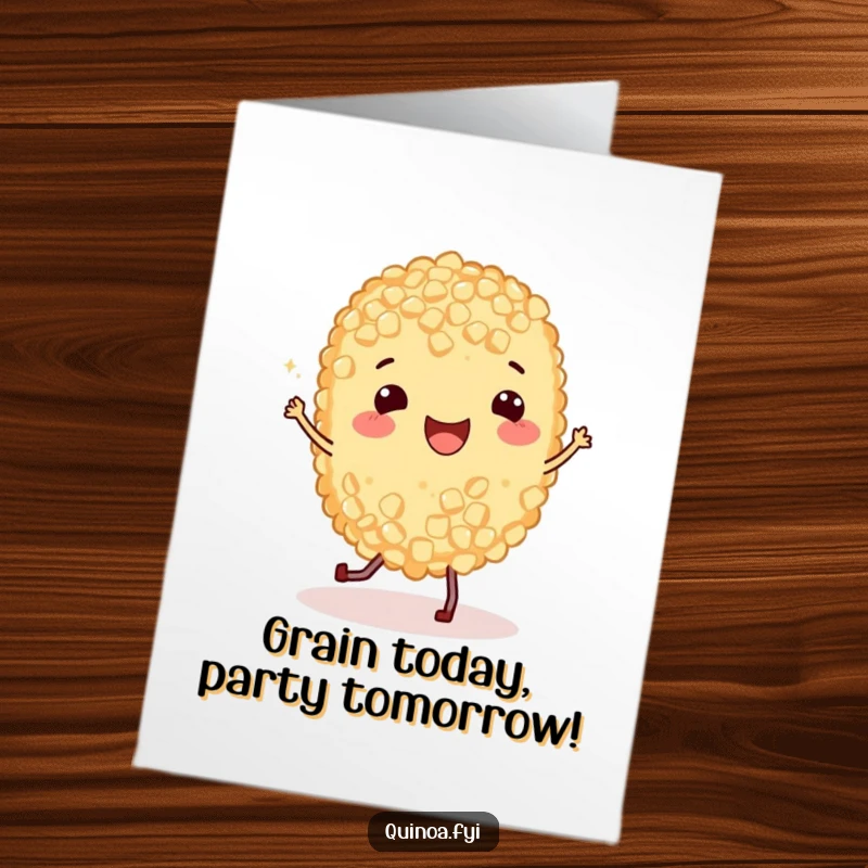 Funny Free Printable Birthday Card featuring a happy quinoa grain with little legs doing a joyful jig, spreading cheer.