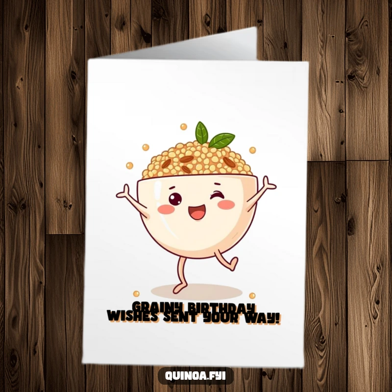 Funny Free Printable Birthday Card: Cheerful Quinoa Bowl with Legs Doing Energetic Cartwheels
