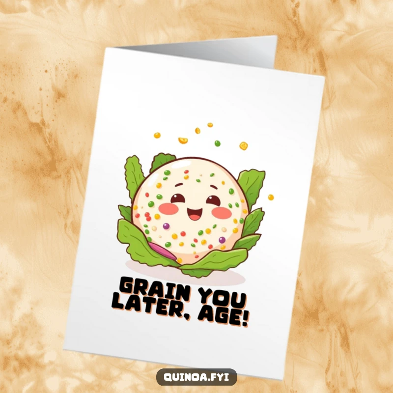 Funny Free Printable Birthday Card: A happy quinoa salad with a cheerful expression spinning merrily, a unique downloadable gift.