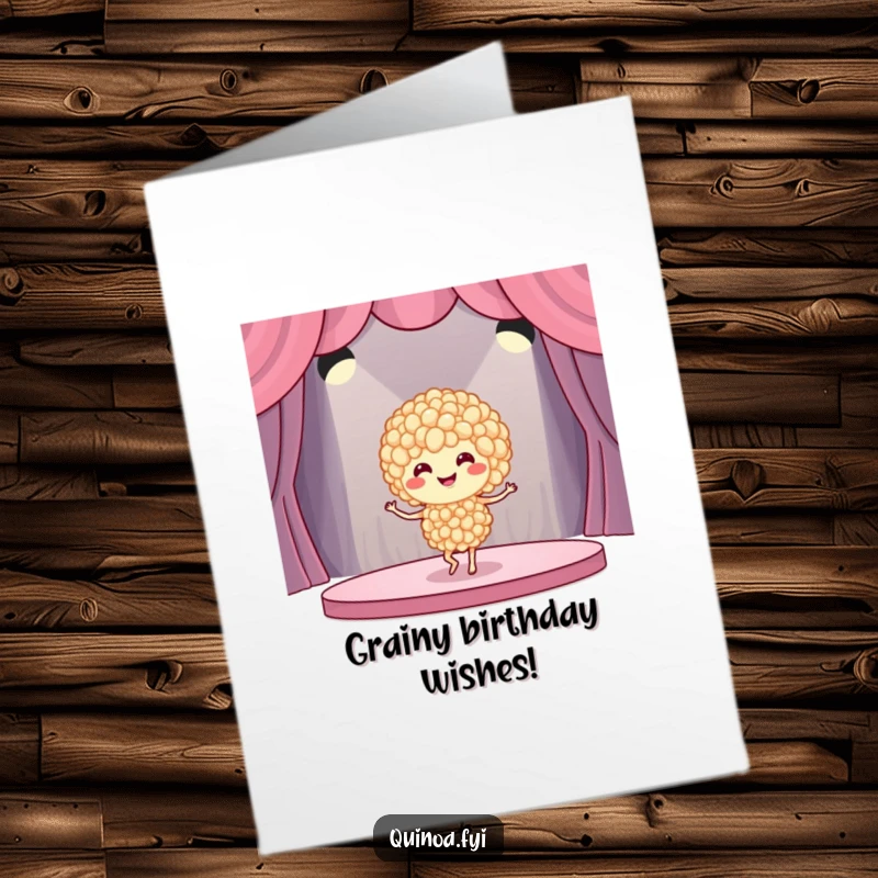 Funny Free Printable Birthday Card: Smiling quinoa dancer performing a ballet move on stage.