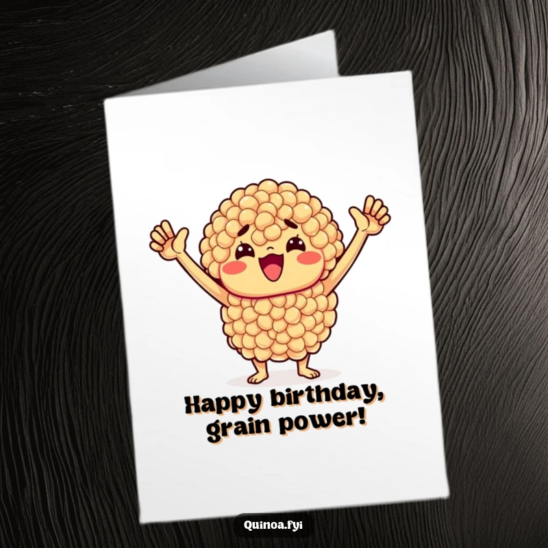 Funny Free Printable Birthday Card: Cheerful quinoa cluster with a determined expression, arms raised in a powerful celebratory pose.