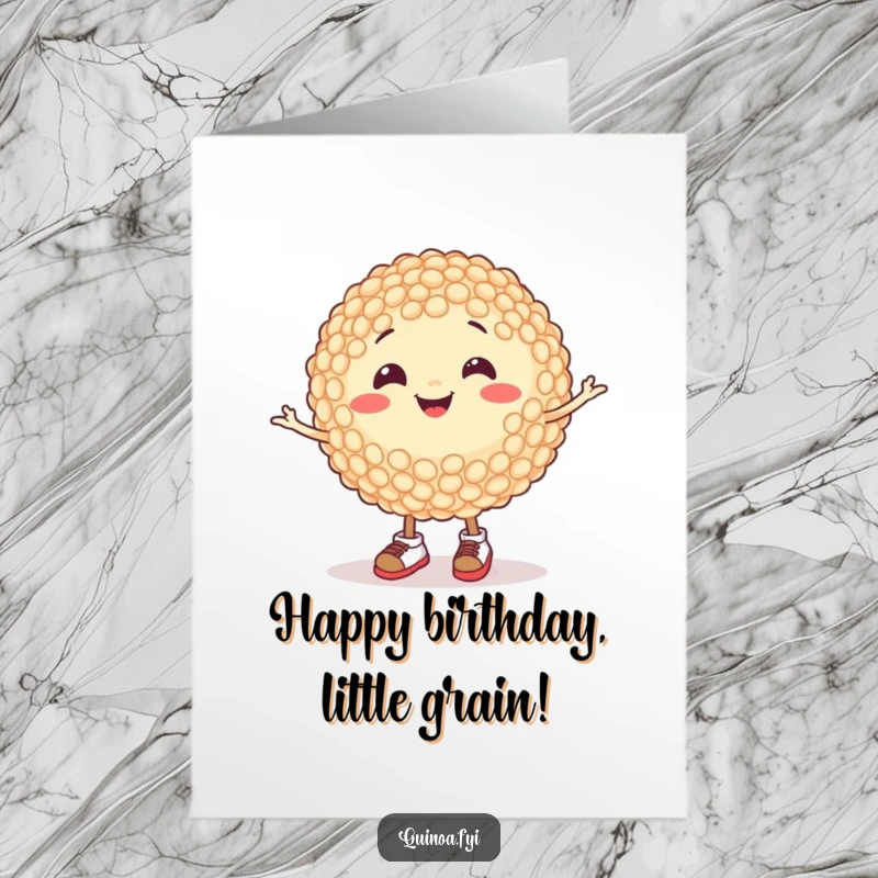Free Printable Birthday Card: A smiling, round quinoa grain wearing tiny shoes spins ecstatically, offering birthday cheer.