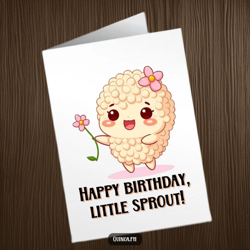 Funny Free Printable Birthday Card: A happy quinoa grain wearing a tiny flower sways gently, sending sweet and peaceful birthday wishes.