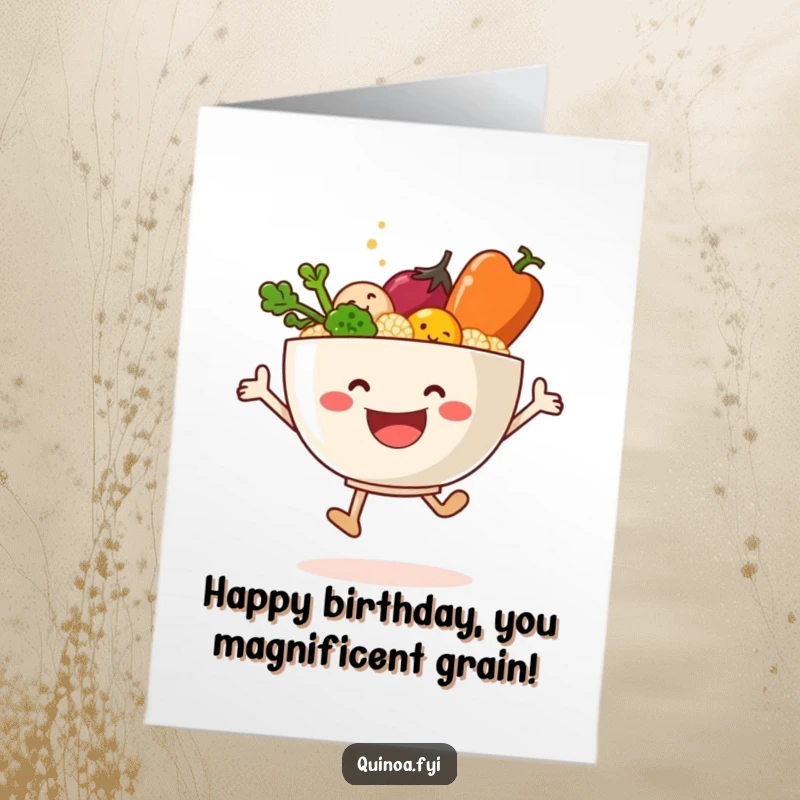 Funny Free Printable Birthday Card: Smiling Quinoa Bowl & Veggies Doing a Joyful Leap