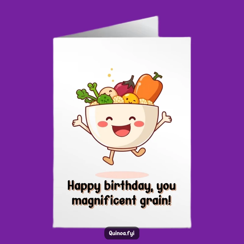 Free Printable Birthday Card: Joyful Quinoa Veggies Leap, Funny Downloadable Gift Idea