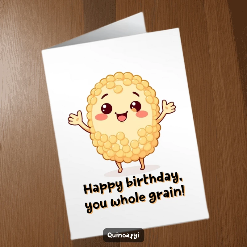 Funny Free Printable Birthday Card: A smiling quinoa grain waves enthusiastically, wishing a happy birthday with a grin.
