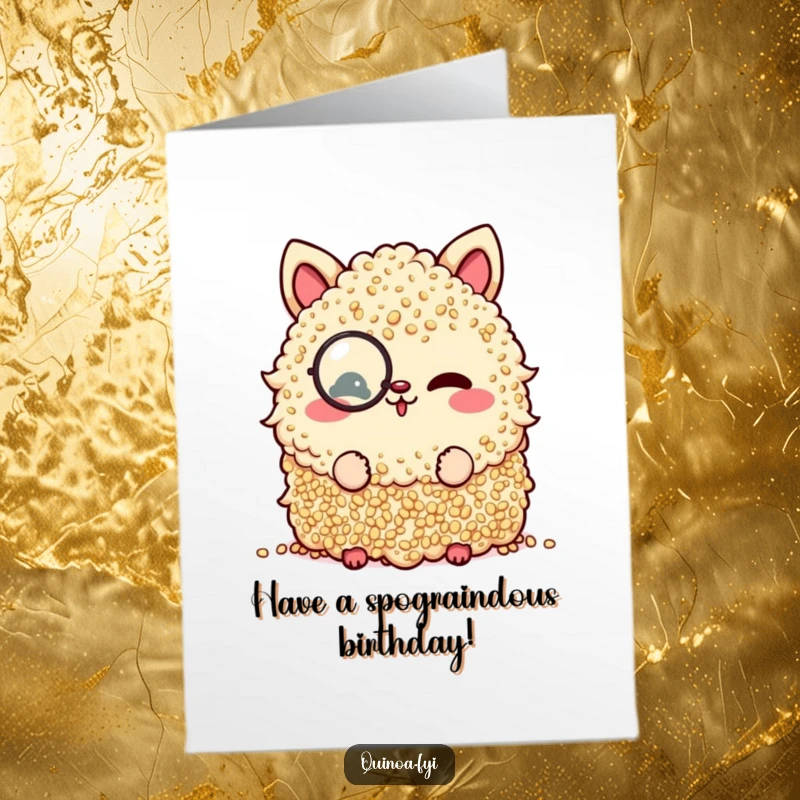 Funny Free Printable Birthday Card: Happy Quinoa Pile Wearing Monocle, Winking Playfully