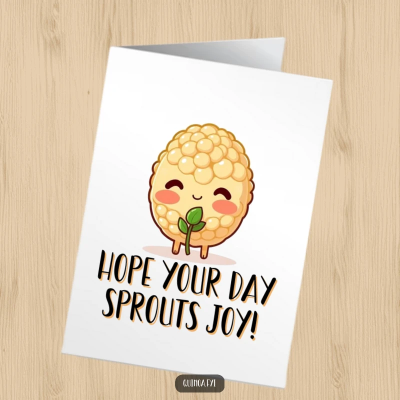 Funny Free Printable Birthday Card: A blushing quinoa grain shyly offering a tiny sprout, with a bashful smile and gentle heart.