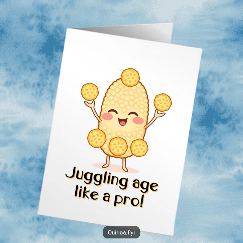 Funny Free Printable Birthday Card: Cheerful quinoa character winking while juggling three smaller quinoa grains, spreading birthday cheer.