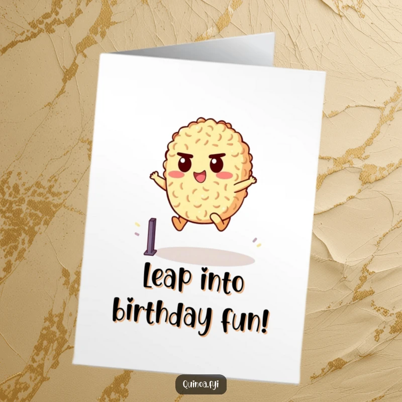 Funny Free Printable Birthday Card showing a determined quinoa character cheerfully leaping over a small hurdle, overcoming obstacles with joy.