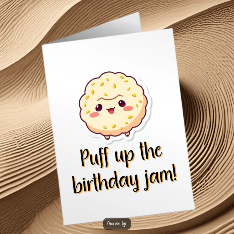 Funny Free Printable Birthday Card: Playful quinoa puff character floating with a mischievous grin, hinting at birthday mischief, great DIY gift.