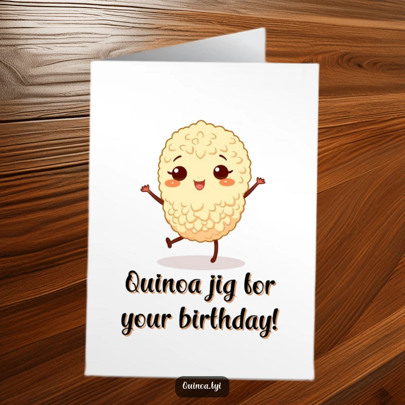Funny Free Printable Birthday Card: A single, joyful quinoa grain with tiny legs excitedly performs a happy little jig.