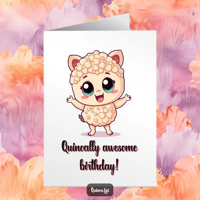 Funny Free Printable Birthday Card featuring a cheerful, wide-eyed quinoa character dancing with zest, a vibrant DIY downloadable gift.