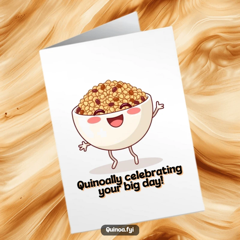 Funny Free Printable Birthday Card: Smiling Quinoa bowl with legs doing a joyful jig, spreading cheer and downloadability.