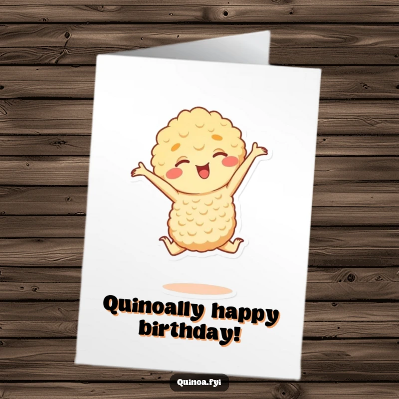 Funny Free Printable Birthday Card featuring a happy quinoa character doing a tiny, graceful leap, perfect for food lovers.