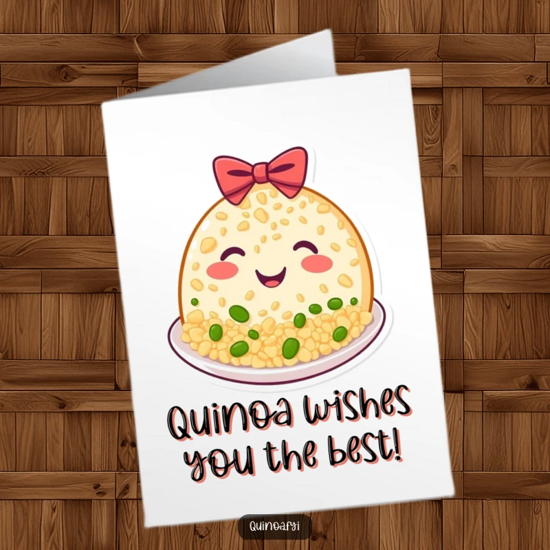 Funny Free Printable Birthday Card: Beaming plate of quinoa with a happy grin giving a polite bow, celebrating a birthday.