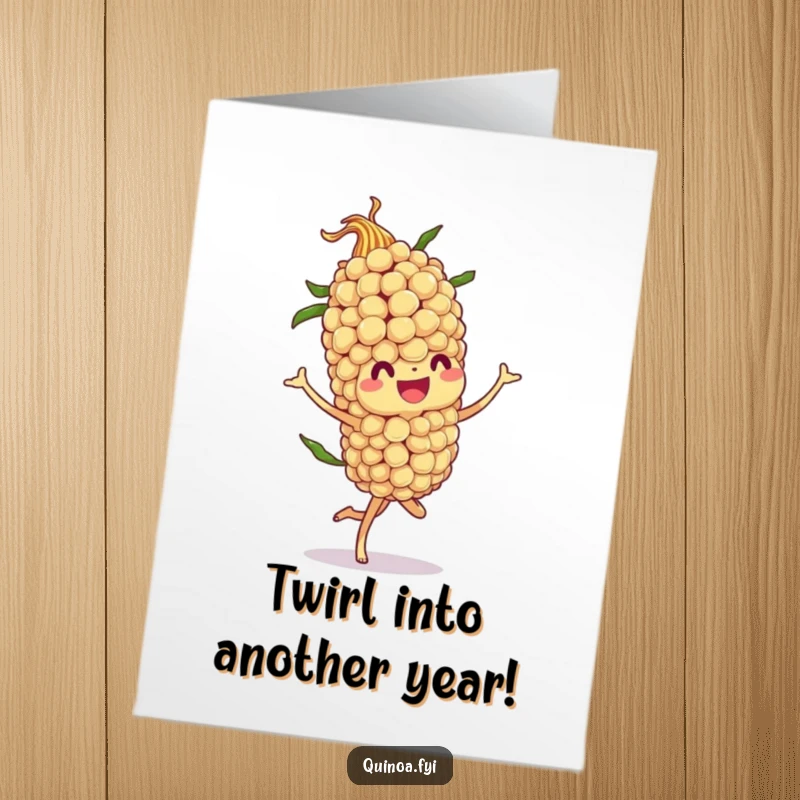 Funny Free Printable Birthday Card: Jovial quinoa stalk character performs a dramatic, flamboyant twirl with glee.
