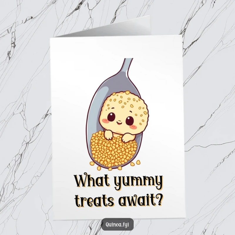 Funny Free Printable Birthday Card: A curious quinoa peeking around a giant spoon, with wide eyes, exploring something intriguing.