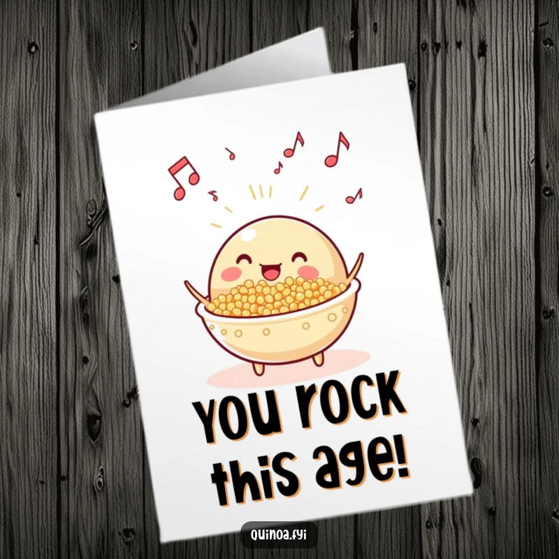 Funny free printable birthday card featuring a beaming anthropomorphic quinoa dish surrounded by floating musical notes, looking ecstatic.