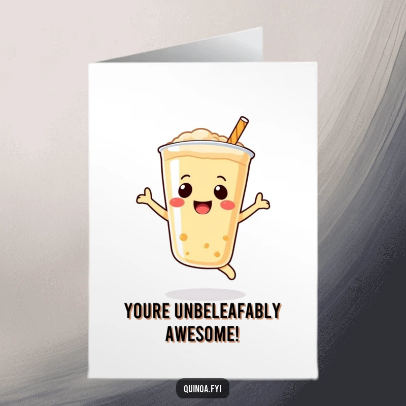 Funny Free Printable Birthday Card: Bubbly quinoa drink with smiley face leaping joyfully, celebrating a fun birthday.