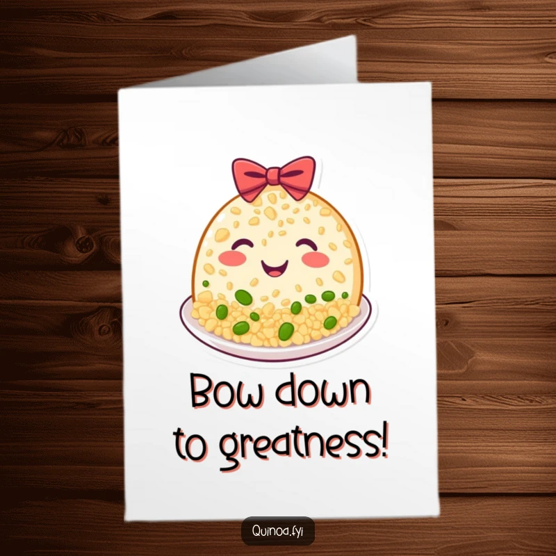 Funny Free Printable Congratulations Card: Beaming plate of quinoa with a happy grin giving a bow, celebrating achievement.