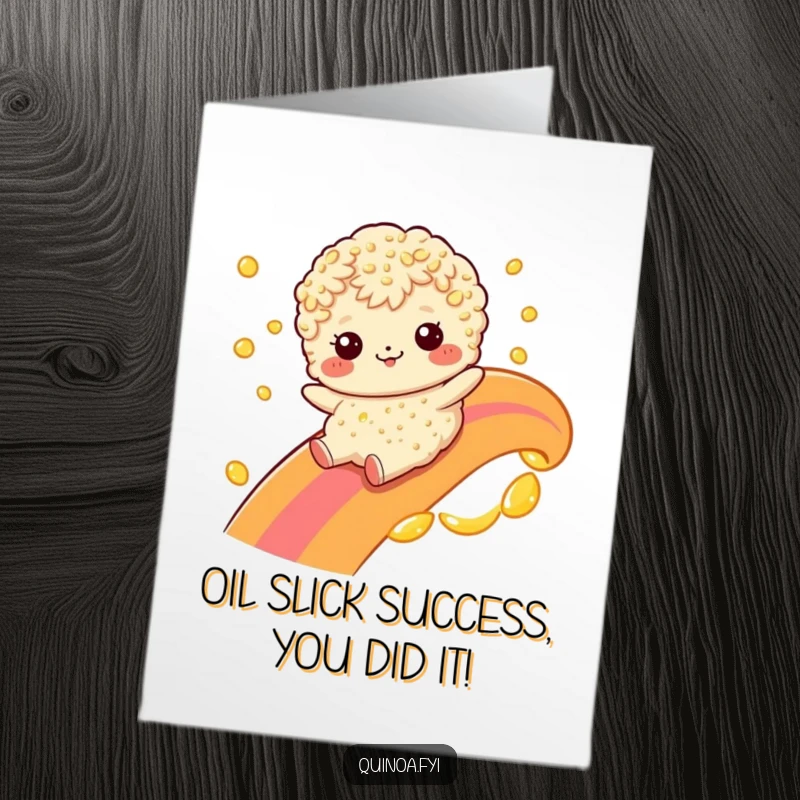 Funny Free Printable Congrats Card: Quinoa character comically slides down a slippery oil rainbow, cheering.