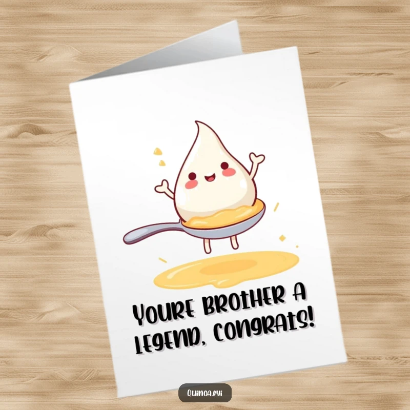 Funny Free Printable Congratulations Card depicting a broth droplet joyfully riding a miniature spoon, celebrating achievement.