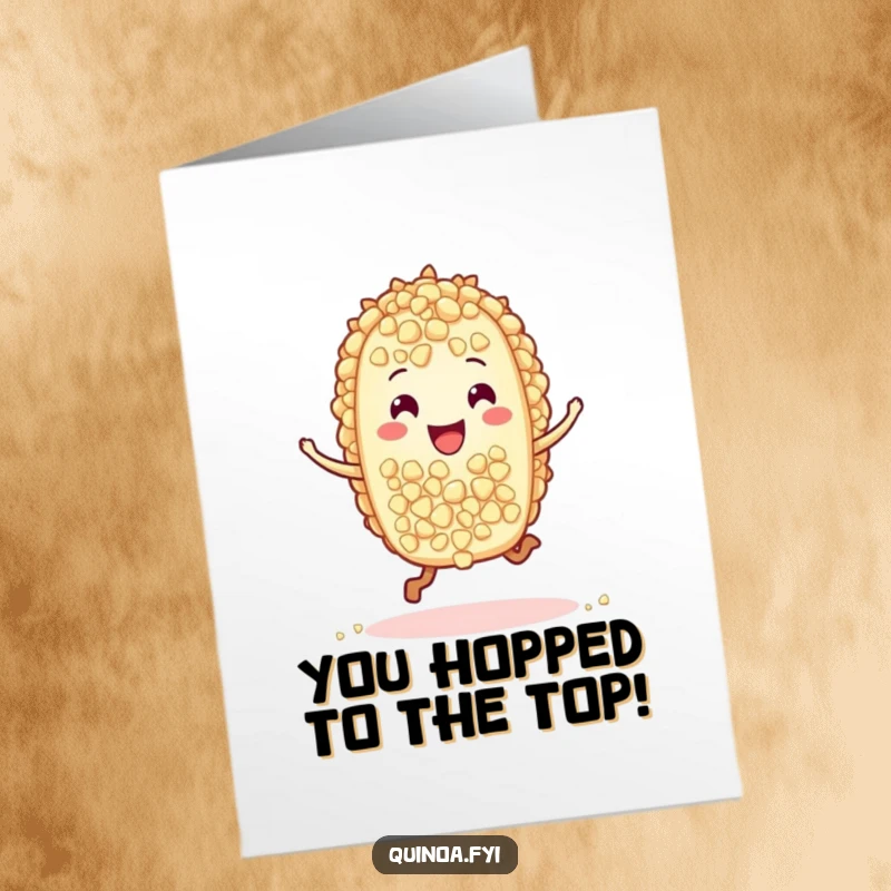 Funny Free Printable Congratulations Card: A cheerful quinoa grain character performing a joyful hop, celebrating success.