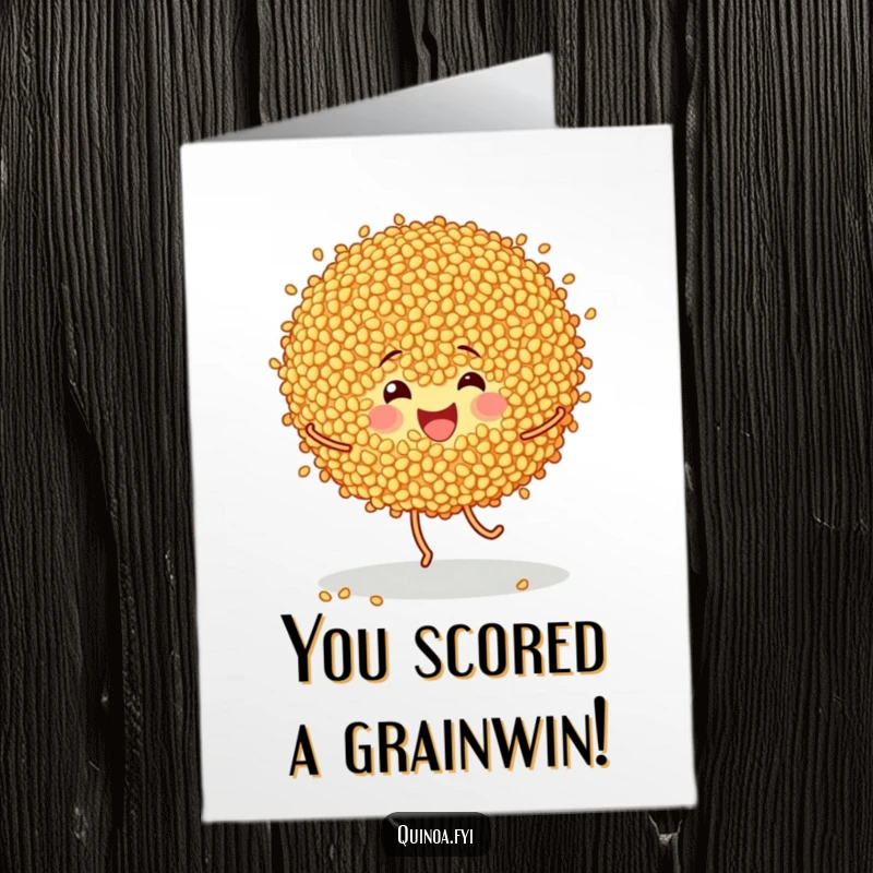 Funny Free Printable Congratulations Card: A happy bunch of quinoa grains energetically dancing to celebrate.