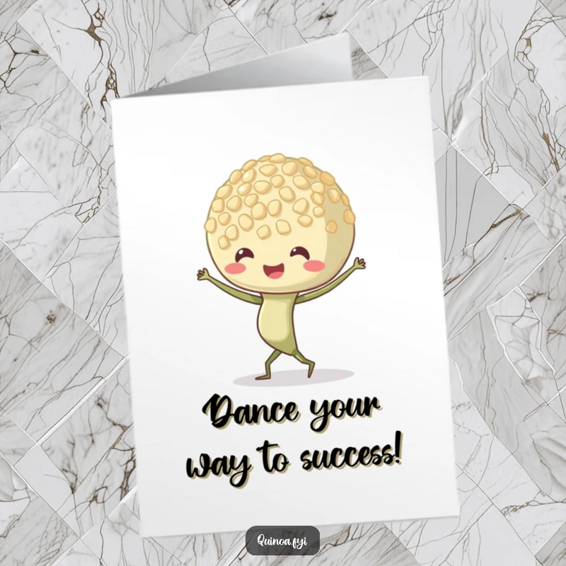 Free Printable Congratulations Card: A happy quinoa sprout character with tiny roots wiggling as it dances.