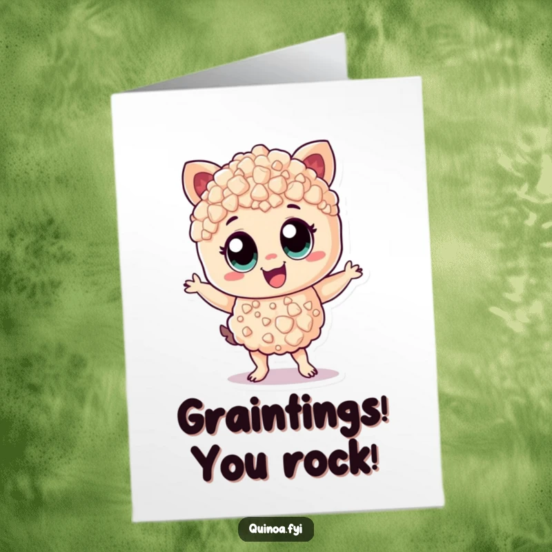 Funny Free Printable Congrats Card of a cheerful quinoa character dancing energetically, perfect for a DIY downloadable gift.