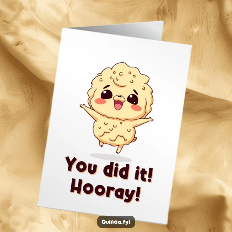 Funny Free Printable Congratulations Card: A giggling quinoa character bouncing with excitement, celebrating a special success with infectious energy.