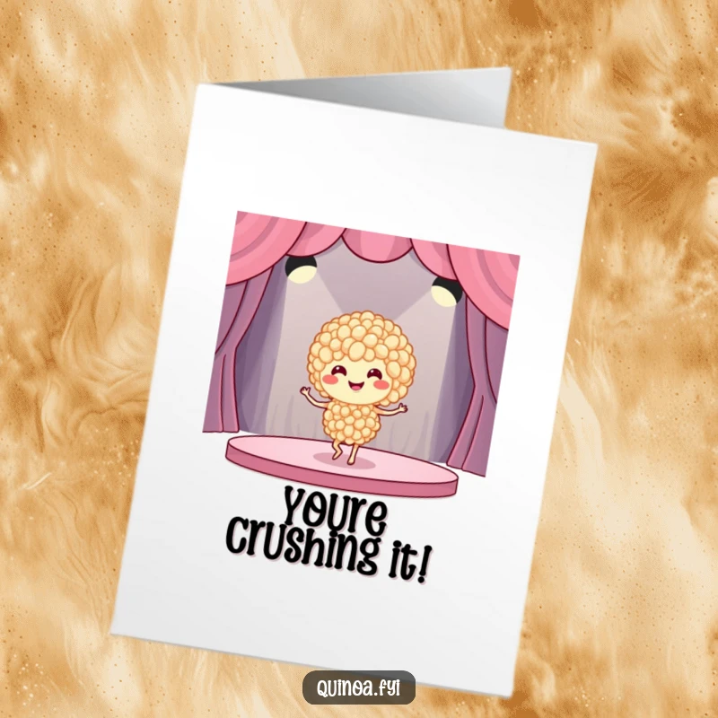 Funny Free Printable Congratulations Card: Energetic quinoa performing a happy dance on a stage.