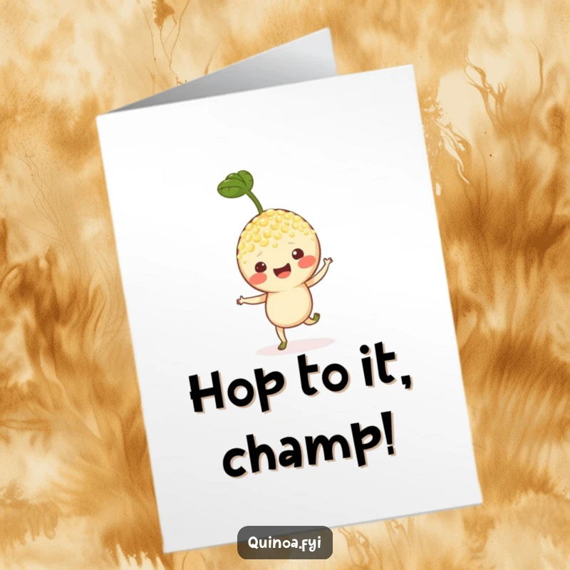 Funny Free Printable Congrats Card: Quinoa Sprout character doing an energetic hop to express excitement.