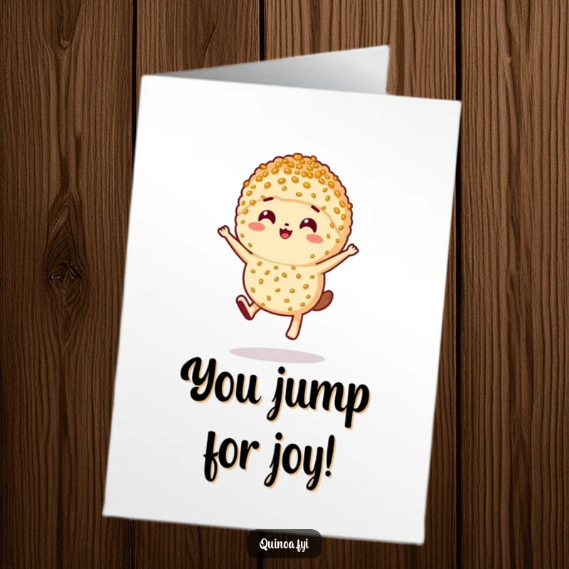 Funny Free Printable Congratulations Card: An anthropomorphic quinoa serving leaps triumphantly, celebrating your amazing achievement.