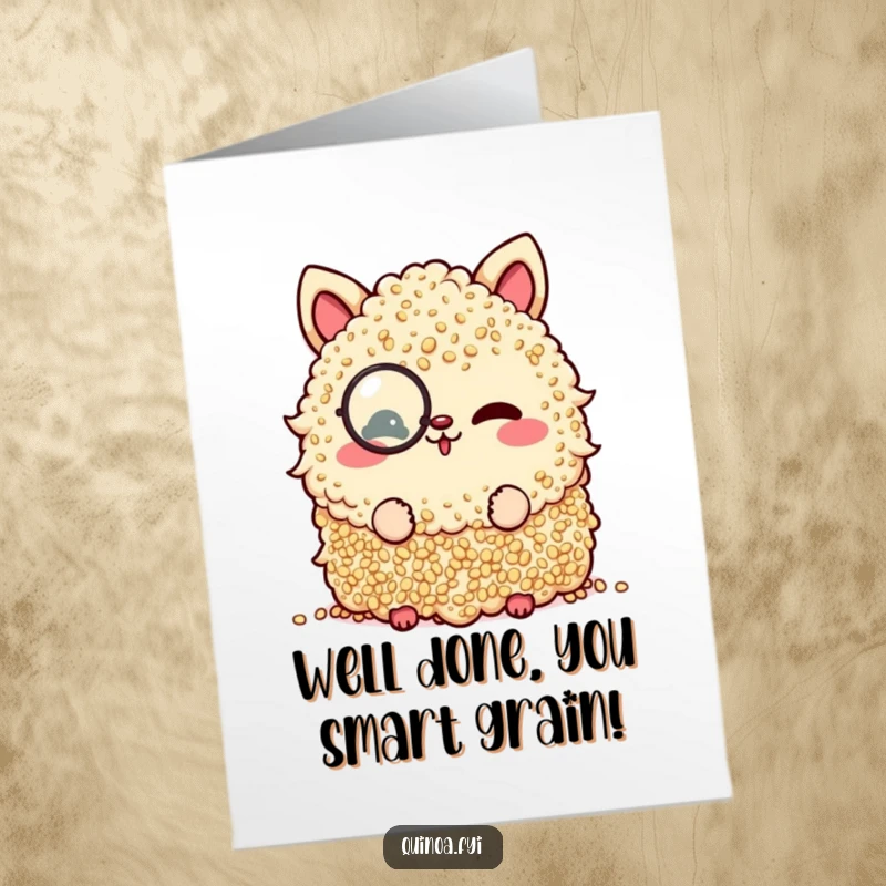 Funny Free Printable Congrats Card: Quinoa Pile with Monocle Winking Playfully at Success
